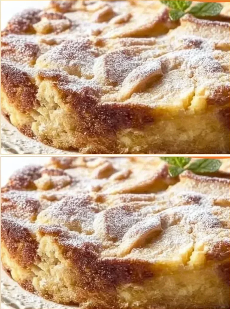 Sliced easy French Apple Cake on a beautiful plate with apples and cinnamon