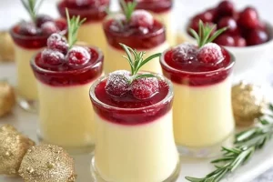 Eggnog Panna Cotta with boozy cranberry sauce served in dessert bowls