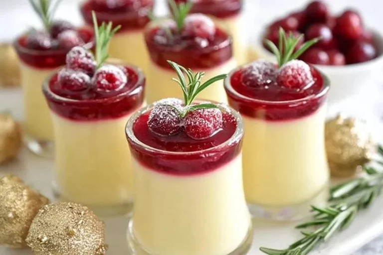 Eggnog Panna Cotta with boozy cranberry sauce served in dessert bowls