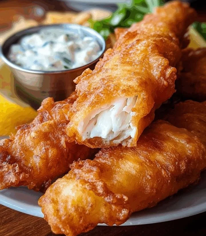 Crispy fish and chips served with tartar sauce and lemon wedges