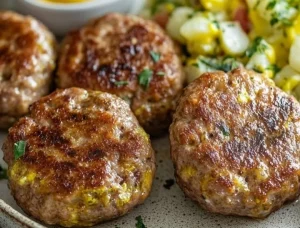 Plate of German meat patties fried to perfection, served with herbs.