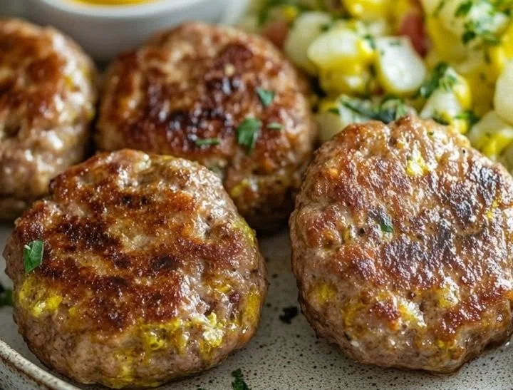 Plate of German meat patties fried to perfection, served with herbs.