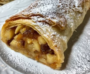 Freshly baked German Apple Strudel with apple filling and golden crust