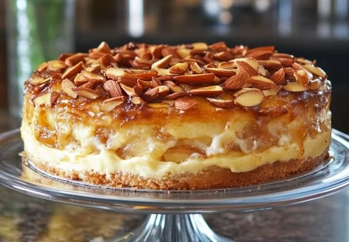Slice of German Bee Sting Cake topped with honey and almonds