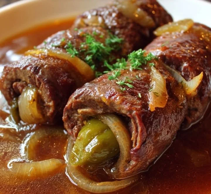 Delicious German rolled beef rolls filled with spices and herbs