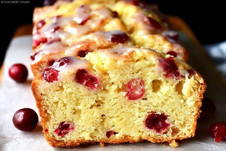 Sliced glazed cranberry bread on a rustic wooden table