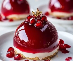 Elegant glossy pomegranate mousse domes decorated with fresh pomegranate seeds.