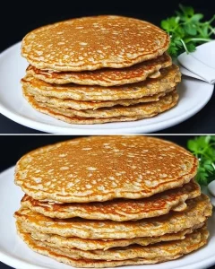 Healthy apple oatmeal pancakes stacked on a plate with maple syrup