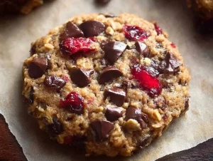 Healthy dark chocolate cranberry oatmeal biscuits on a rustic wooden table