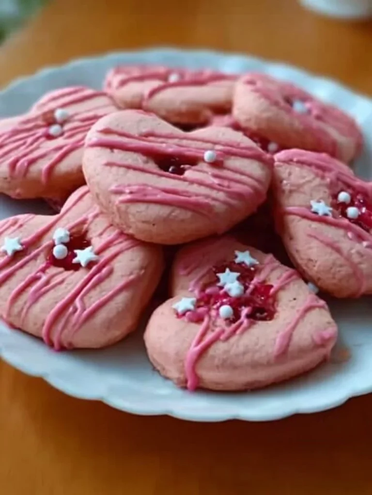 Hearts of Linz cookies topped with luscious red currant jam.