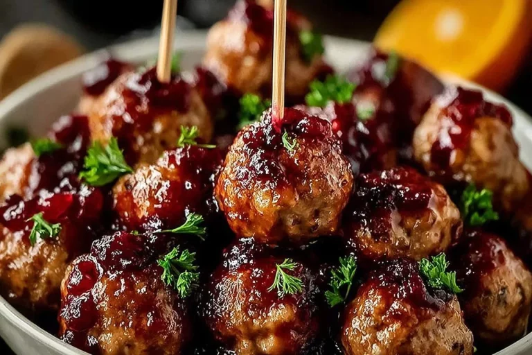 Holiday meatballs served with cranberry orange sauce on a festive table