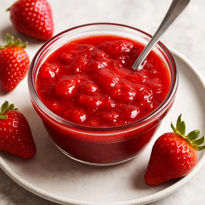 Homemade strawberry sauce drizzled over ice cream and pancakes