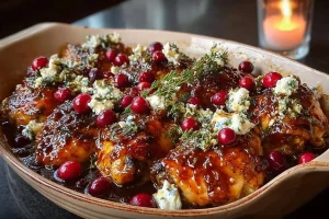 Baked Honey Cranberry Chicken garnished with herbs and cranberries
