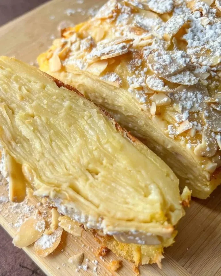 Slice of delicious Invisible Apple Cake with fresh apples and a light dusting of powdered sugar