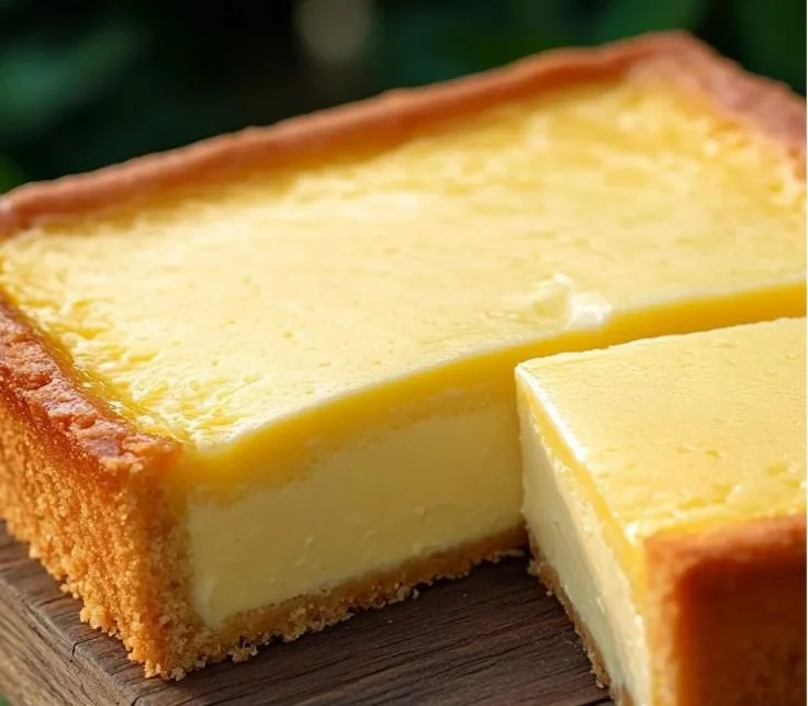 Slice of Italian Grandma's lemon custard cake with lemon garnish