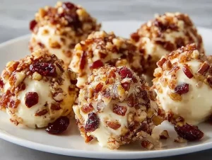 Mini Pineapple Cranberry Cheeseballs with Pecans served on a platter