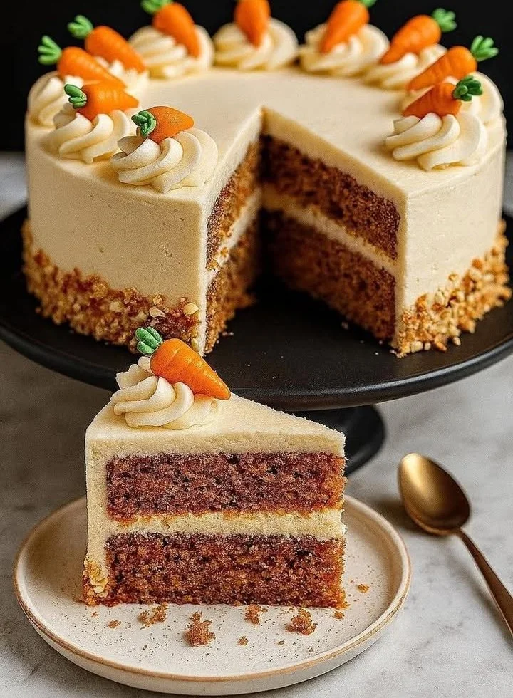 Moist spice cake with cream cheese frosting on a rustic wooden table