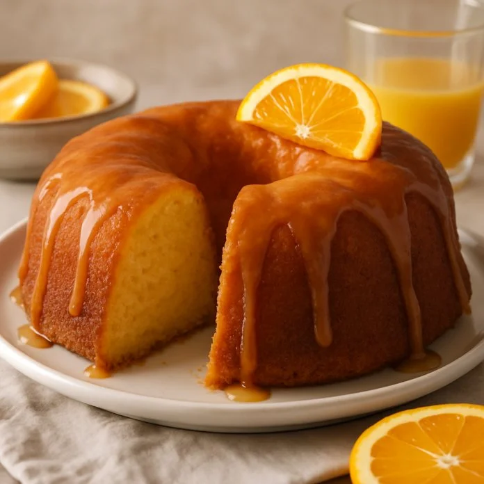 Delicious homemade Mom's Orange Juice Cake with a vibrant orange glaze.