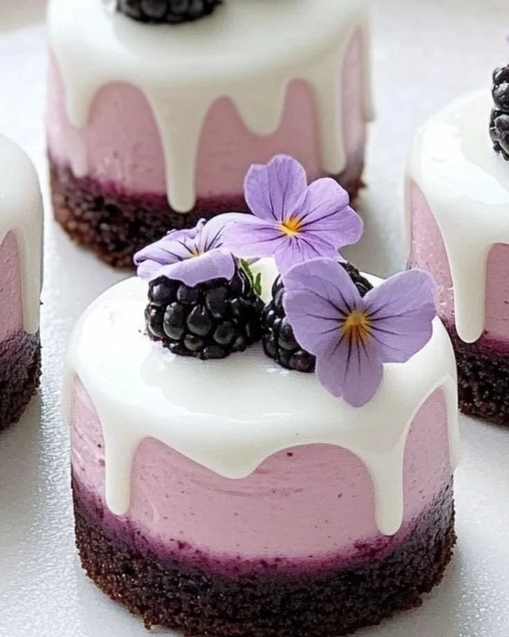 Delicious no-bake blackberry mousse cakes garnished with fresh blackberries
