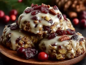 No-bake cranberry pecan biscuits on a rustic wooden table.