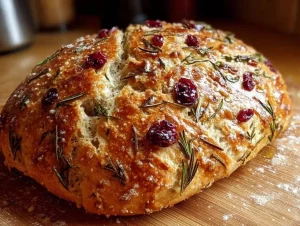 Loaf of no-knead rosemary cranberry bread on a wooden cutting board