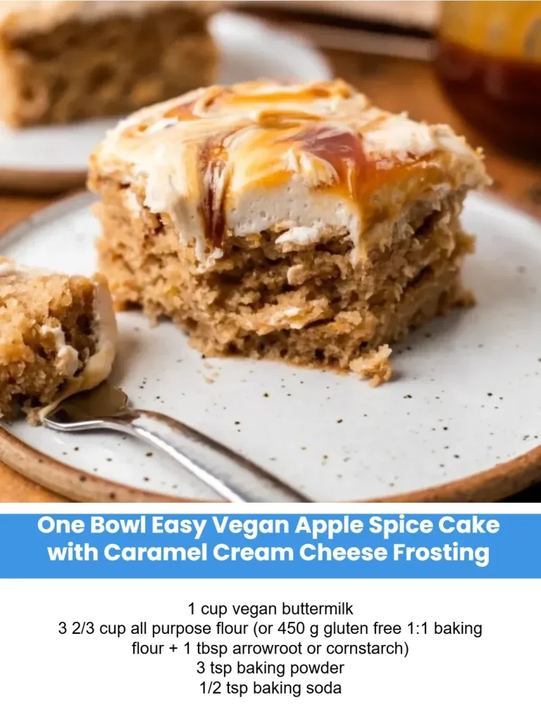 Vegan apple spice cake with caramel cream cheese frosting on a rustic table