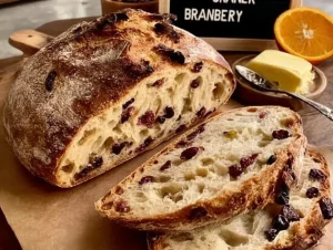 Loaf of freshly baked Orange Cranberry Sourdough Bread with cranberries.