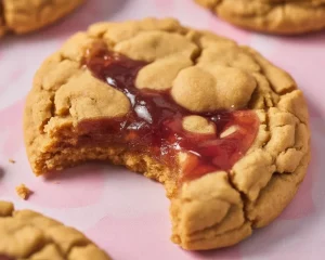 Peanut butter and jam cookies on a plate, a delicious twist on classic peanut butter cookies.
