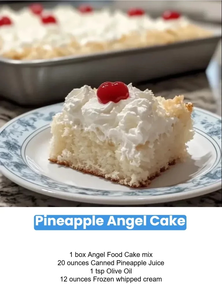 Slice of Pineapple Angel Cake topped with fresh pineapple and whipped cream