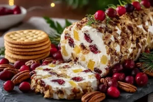 Pineapple cranberry holiday cheese log on a festive serving platter