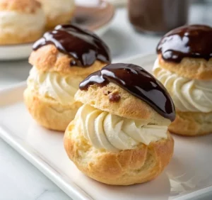 Delicious profiteroles filled with cream and drizzled with chocolate sauce