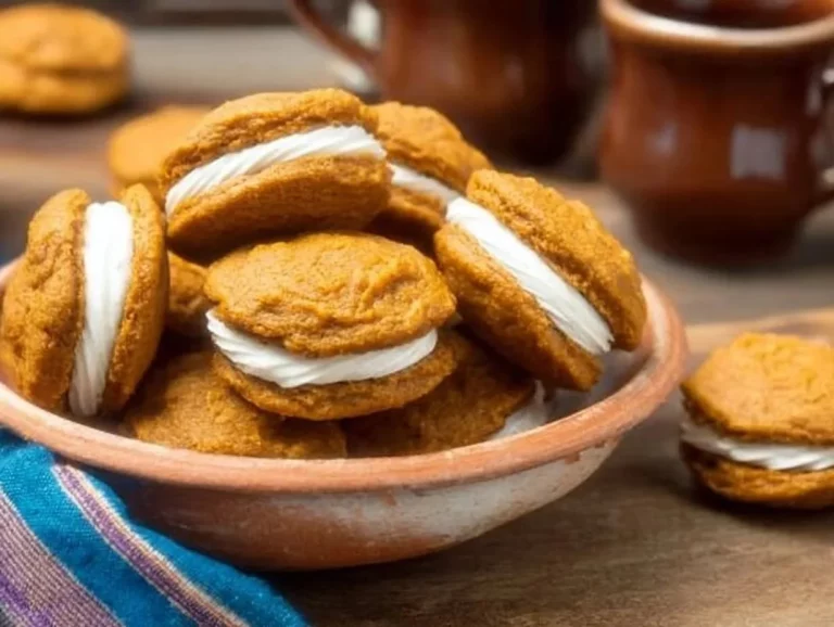 Pumpkin sandwich biscuits with cream cheese filling on a plate