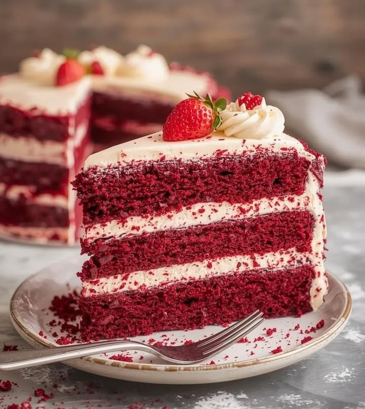 Delicious slice of red velvet cake topped with cream cheese frosting