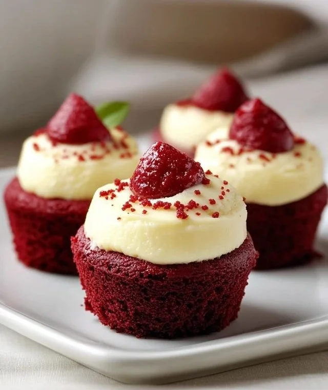 Delicious red velvet cupcakes with cream cheese frosting on a white plate.