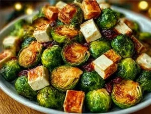 Roasted Vegetable Salad drizzled with cranberry glaze on a serving plate