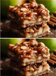 Delicious salted caramel apple pie bars with apple slices and caramel drizzle