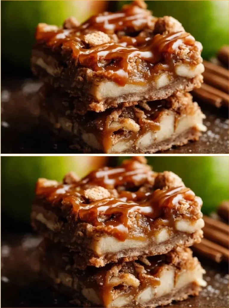 Delicious salted caramel apple pie bars with apple slices and caramel drizzle
