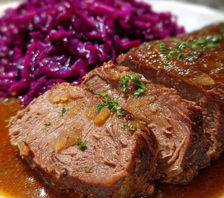 Plate of Sauerbraten served with traditional sides like red cabbage and potato dumplings.