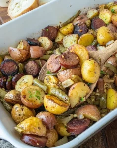 Sausage Green Beans and Potatoes dish served on a plate