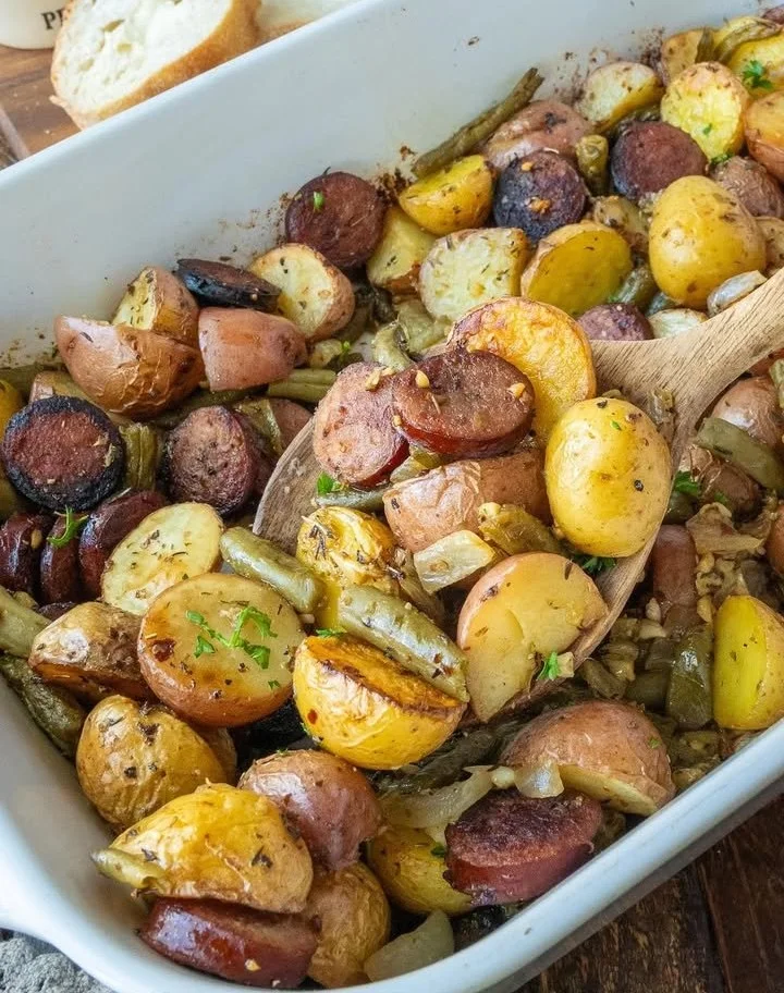 Sausage Green Beans and Potatoes dish served on a plate