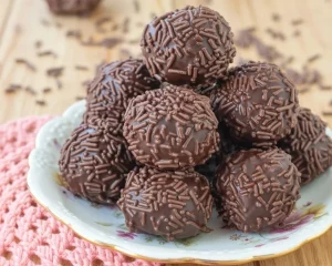Small batch Brazilian brigadeiro truffle cake topped with chocolate sprinkles