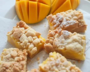 Delicious small batch coconut mango bars in a vibrant tropical setting