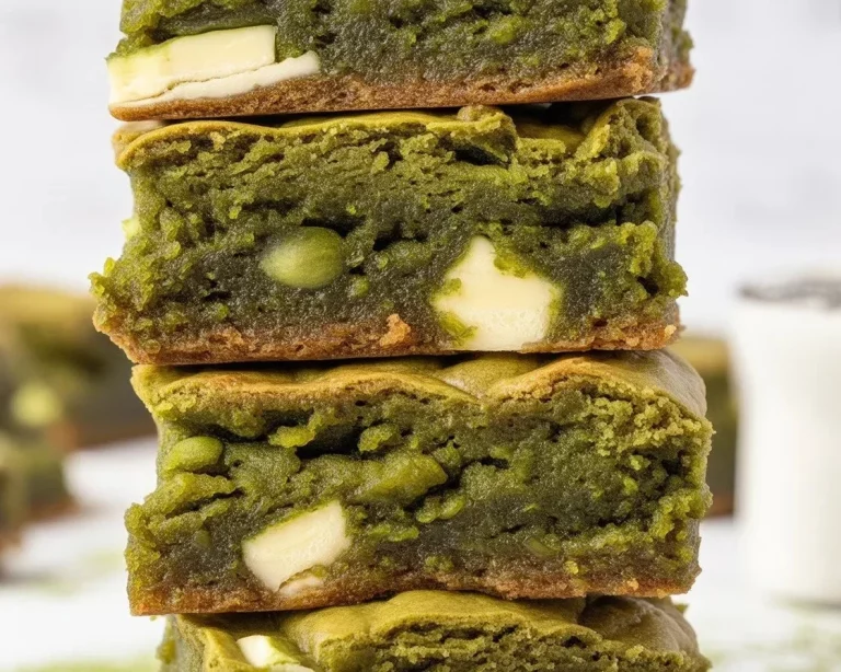 Small batch matcha blondies with white chocolate chunks on a wooden table