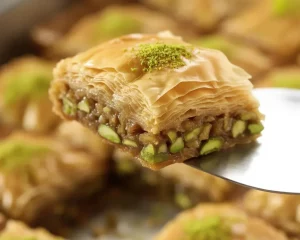 Small batch Turkish Pistachio Baklava rolls on a wooden platter