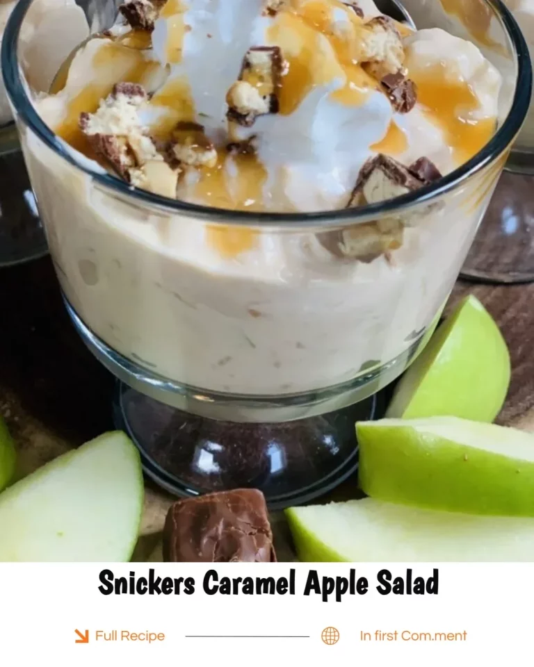 Delicious Snickers Caramel Apple Salad with apples, caramel, and Snickers candy.