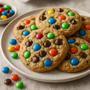 Soft monster cookies with chocolate chips, oats, and M&Ms on a plate.