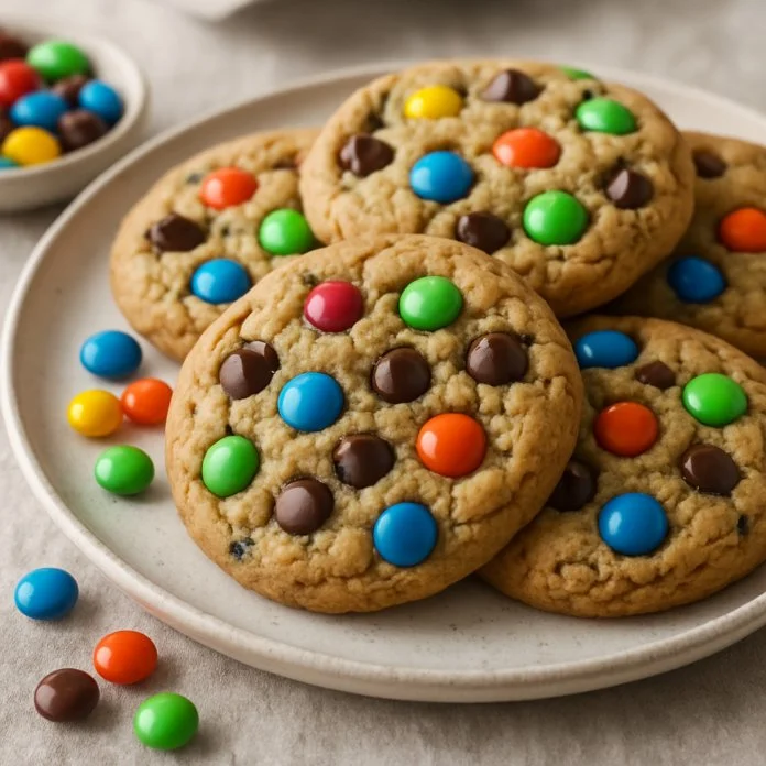 Soft monster cookies with chocolate chips, oats, and M&Ms on a plate.