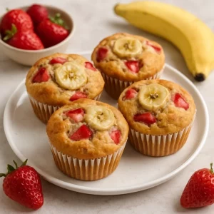 Freshly baked strawberry banana muffins on a wooden table