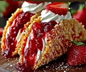 Delicious strawberry crunch cheesecake tacos topped with fresh strawberries.