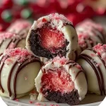 Strawberry shortcake Oreo balls drizzled with chocolate and garnished with strawberries